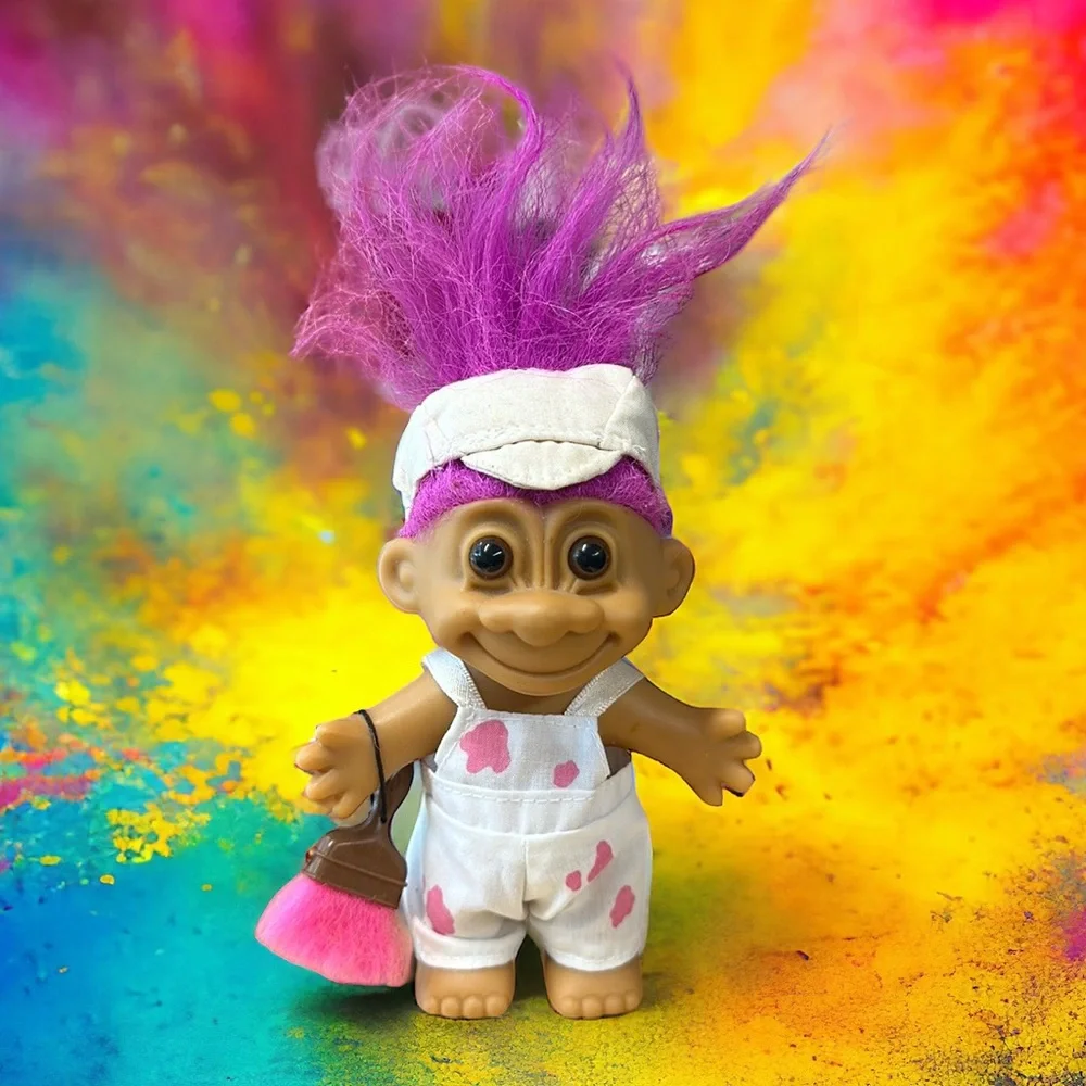 Vintage 90s Russ Berrie Painter Troll Doll Overalls Paint Splatter Pink Hair Hat